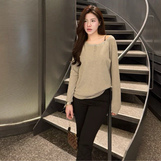 เสื้อแขนยาวแต่งกระดุม ผ้าคอตตอนนุ่มใส่สบาย ยืดได้เยอะ กระดุม 5 เม็ดใช้งานได้จริง (กระดุมแขนยาว)