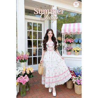 (มี3XL) Maria Diamond สีขาว Summer Tulip Dress เดรสยาวผ้าชีฟองปักทิวลิป แต่งโบว์หน้า แขนสั้นตุ๊กตา ซิปหลัง มีซับใน