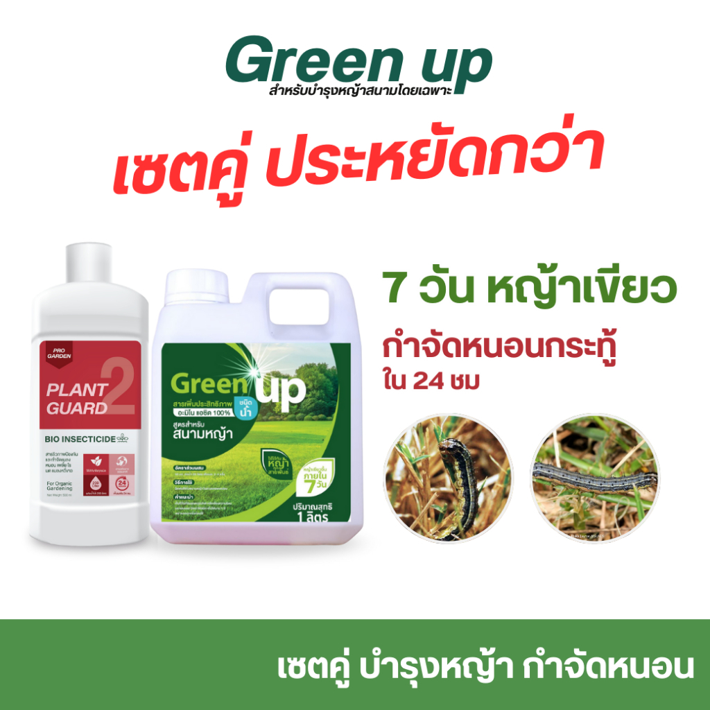 Green up เซ็ทคู่หู [กรีนอัพ + กำจัดหนอน] บำรุงหญ้า สนามหญ้า แก้หญ้าเหลือง กำจัดหนอนกระทู้