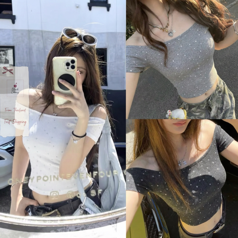 เสื้อยืดผู้หญิง ปาดไหล่ แขนสั้น รัดรูป เอวเข้ารูป ผ้ายืดหยุ่นสูง สไตล์อเมริกันวินเทจ | Black Cherry