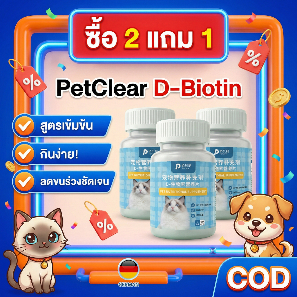 [พร้อมส่ง] PetClear วิตามินบำรุงขน ลดขนร่วง เร่งขนยาว แก้เชื้อรา ผิวหนังอักเสบ สำหรับสุนัขและแมว