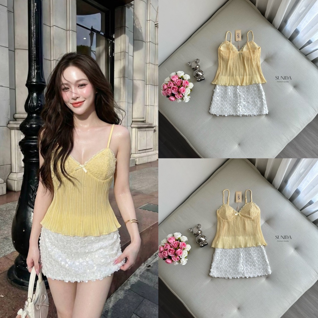 [SUNIDA] ชุดเซต2 ชิ้น เสื้อสายเดี่ยวสี เลม่อนพาสเทล อัดพลีส อกเสริมฟองนม สายปรับระดับได้+กระโปรง