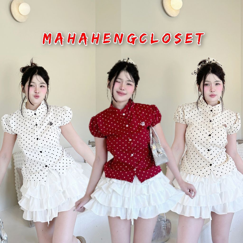 💰MahahengCloset💰เสื้อคอจีนแขนตุ๊กตาลายจุด ผูกเชือก+ติดกระดุมหน้า งานหวานละมุน เหมาะกับสายหวานมินิมอลสุดๆ