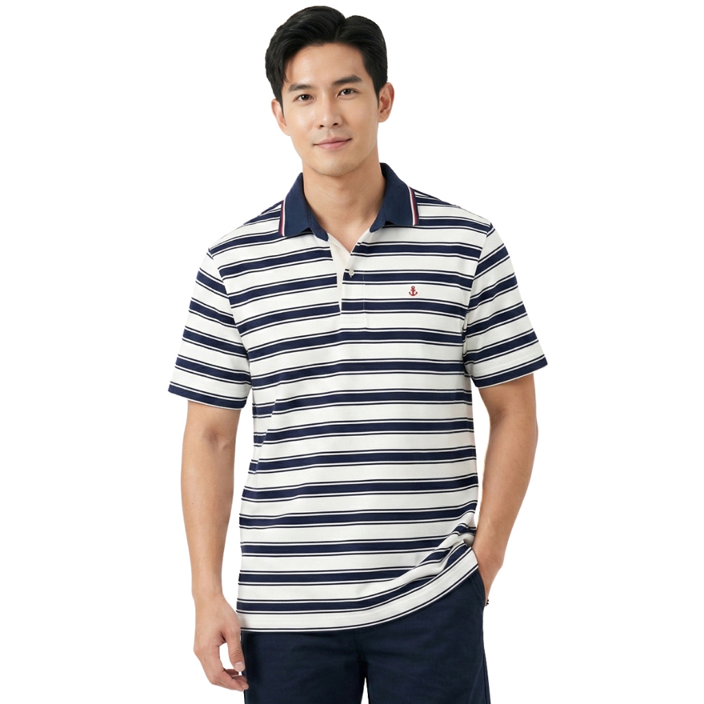 * One price * PORTLAND เสื้อโปโลผู้ชาย ลายริ้ว สีกรมท่า / Men Striped Polo Shirt with Embroidery (Navy)