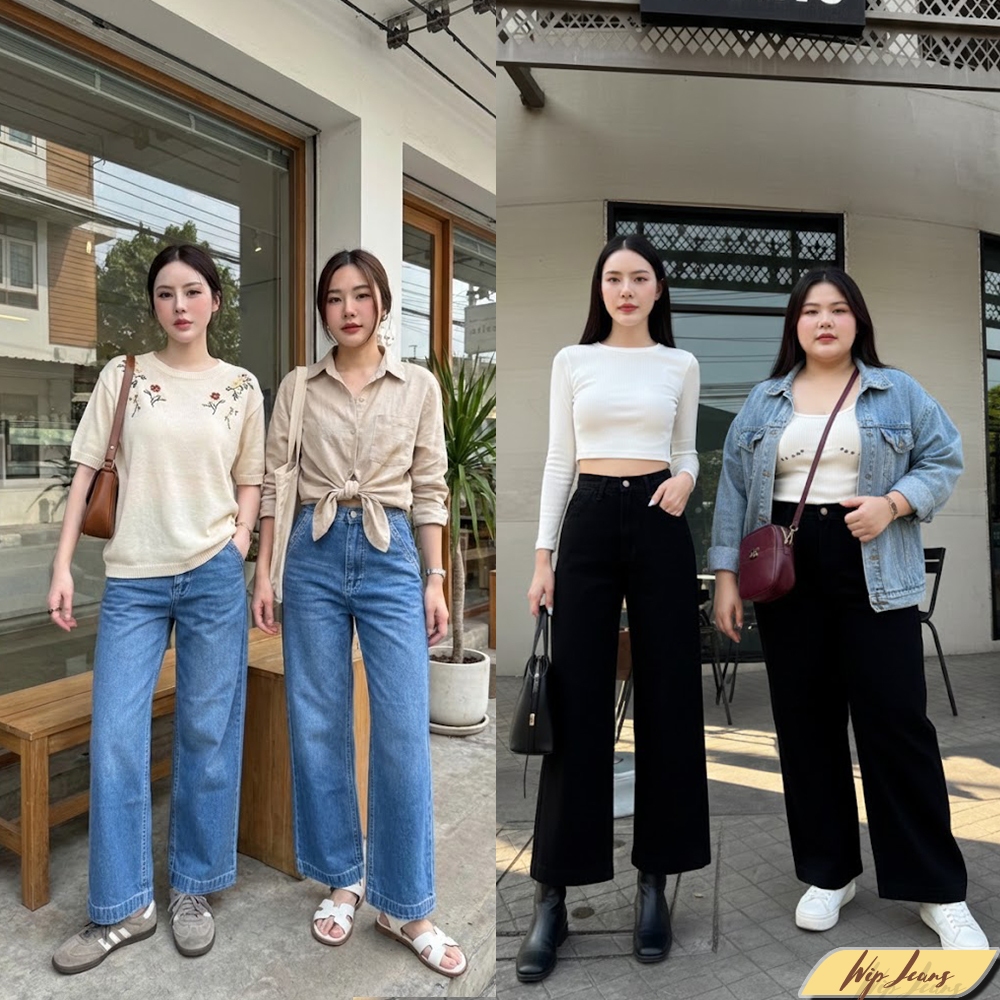 กางเกงยีนส์ขากระบอกเต่อเอวสูงทรงบอยดีไซน์กระเป๋าเฉียงสไตล์วินเทจโมเดิร์นผ้าไม่ยืดทรงสวยเป๊ะ B067
