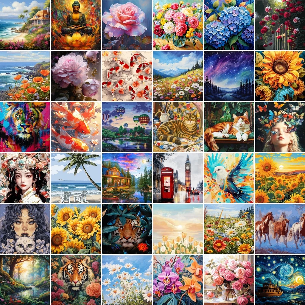 (พร้อมส่ง-ชุดที่1) ภาพระบายสีตามตัวเลข แบบขึงเฟรมไม้ ขนาด40x50cm งานศิลปะ DIY painting by numbers ภาพสวยๆ