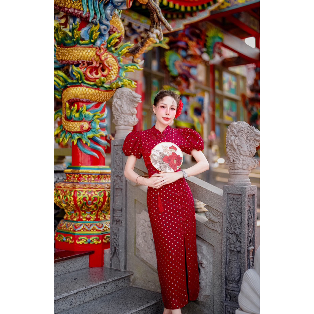 (ปกติ ยาว 48“) เดรสยาว เดรสกี่เพ้า ลายจุด ผ้าชีฟอง รูปที่ 5