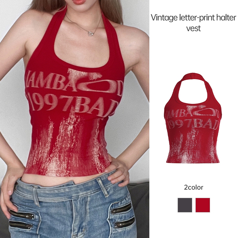 Slim FITTING TOP Retro Letter พิมพ์แขวนคอเสื้อกั๊กผู้หญิง Backless เซ็กซี่ TOP