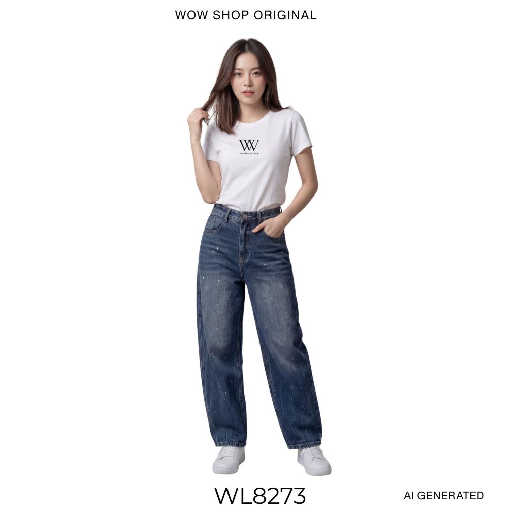 WOWSHOP WL8273 กางเกงยีนส์ทรง Barrel สีเข้ม ทำเล่นจุดสีแรนด้อมทั่วตัว น่ารักมาก ราคา ถูกที่สุด ดีลบีเคเค แกลเลอรีภาพที่ 5