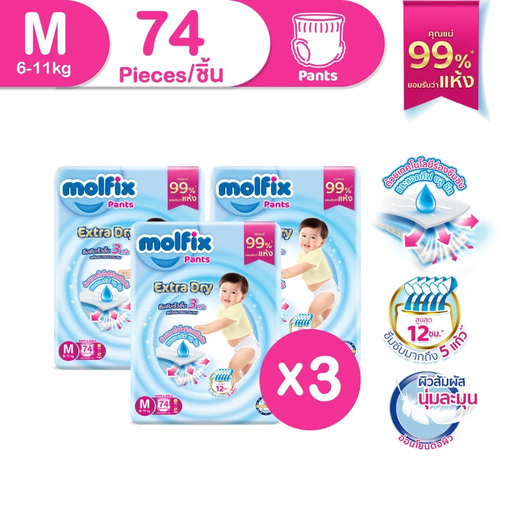 Molfix กางเกงผ้าอ้อมโมลฟิกซ์ เอ็กซ์ตร้า ดราย แพ้นส์ M 74 ชิ้น x3 (ยกลัง)