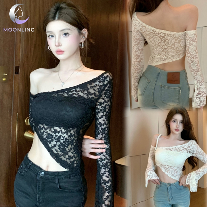 🌜Moonling🌛พร้อมส่งจากไทย เสื้อเปิดไหล่แขนยาว น่ารักมาก ดีเทลถักลายลูกไม้ สีพื้นใส่สบายมาก สไตล์เกาหลี FY3091