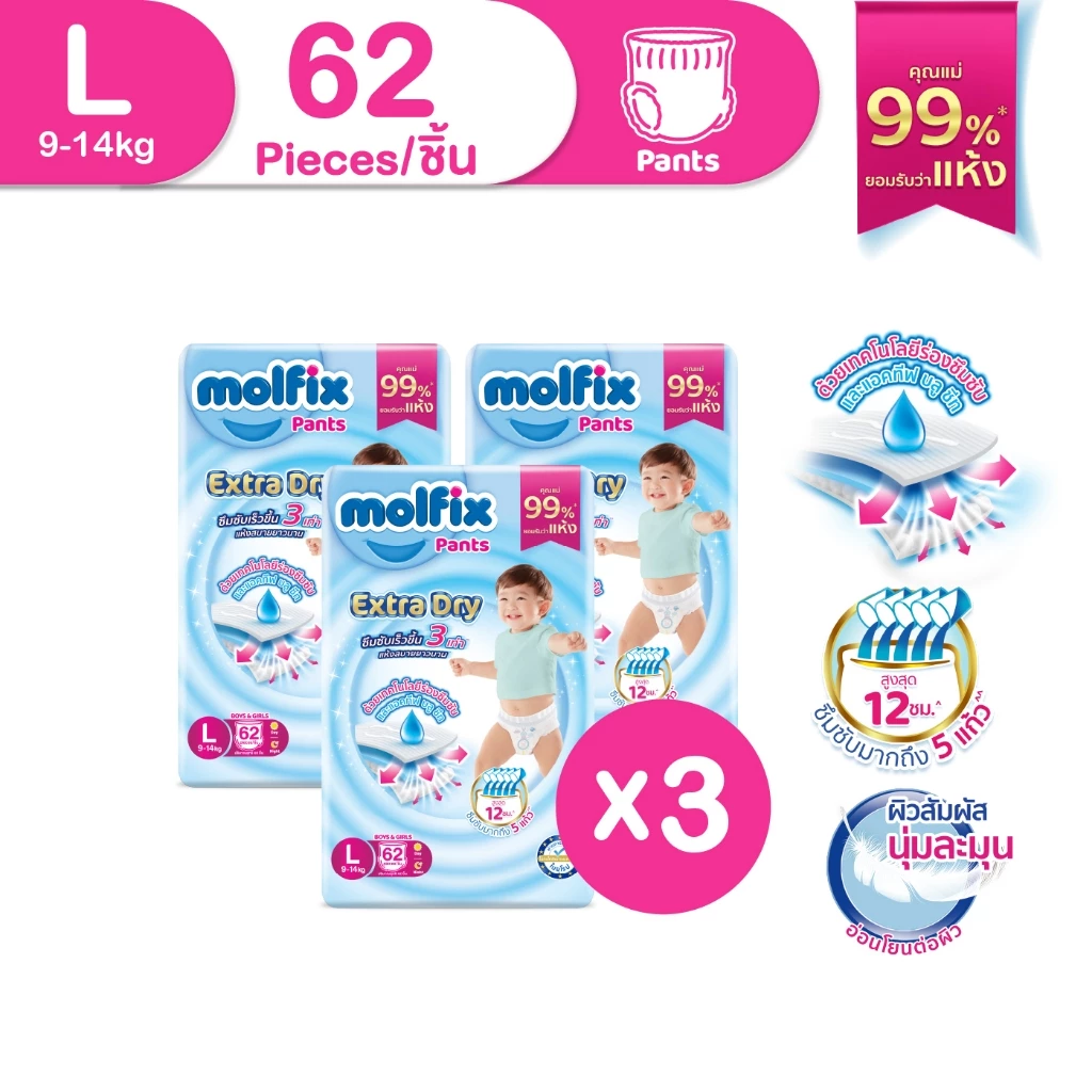 Molfix กางเกงผ้าอ้อมโมลฟิกซ์ เอ็กซ์ตร้า ดราย แพ้นส์ L 62 ชิ้น x3 (ยกลัง)
