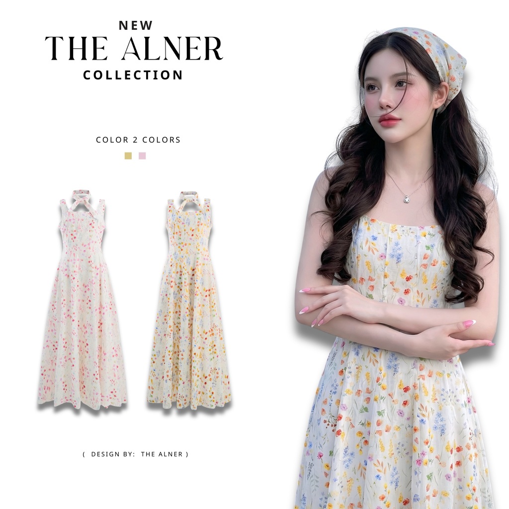 Thealner-(เดรสลายดอกเล็กแขนกุด+ผ้าโพก) ราคาถูก Shopee Lazada