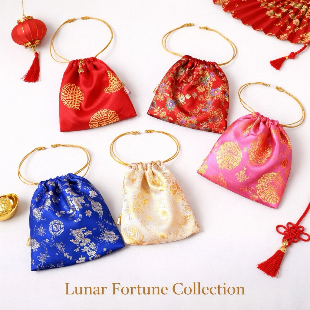กระเป๋าหูรูดผ้าซาตินลายมงคล •BK-TIN HANDMADE•  ถุงผ้าใส่ของขวัญ ตรุษจีน Lucky Drawstring Bag