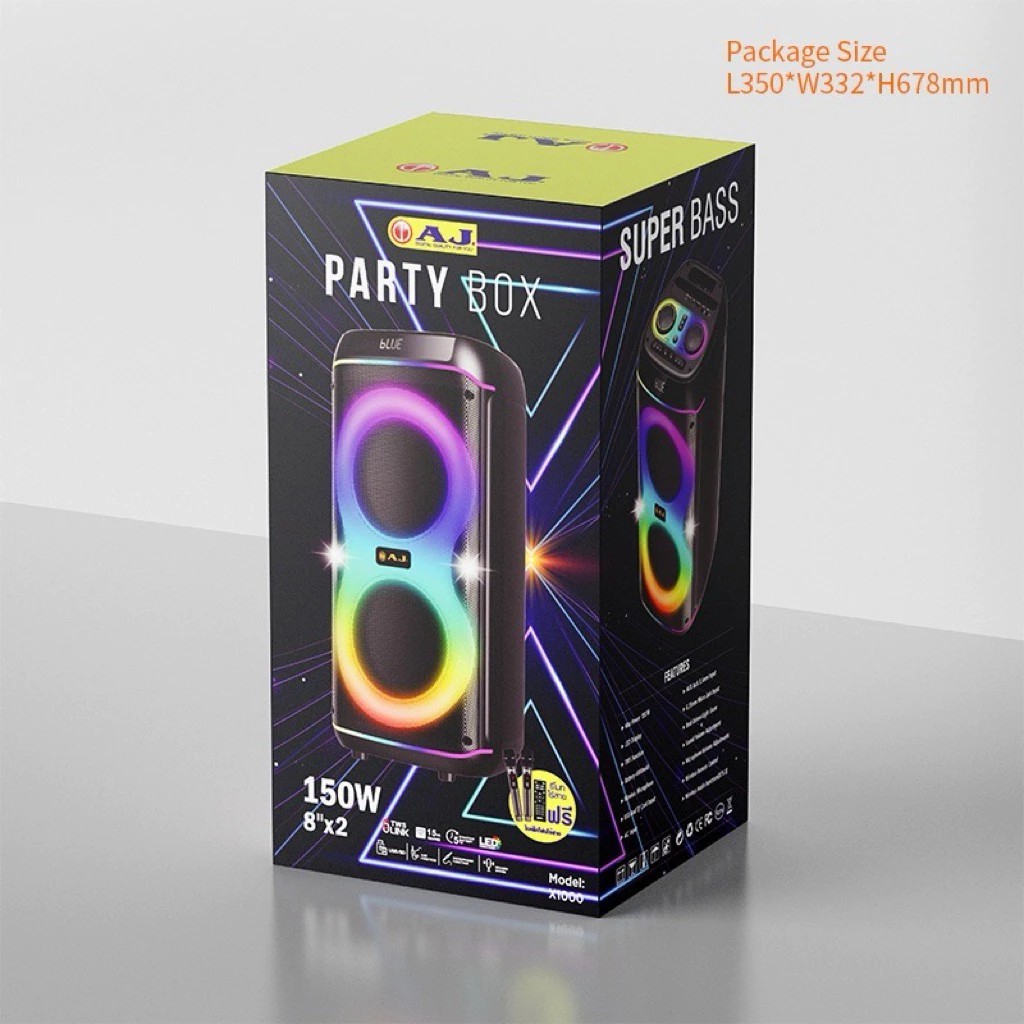 AJ X1000 ลำโพงปาร์ตี้ 150W ดอก 8" 2ดอก ไมค์ลอย 2 ตัว ไฟ RGB TWS บันทึกเสียง USB/SD/AUX แบต 4000mAh