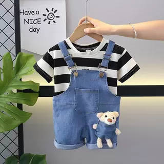 BEAR BABY ชุดเอี๊ยมยีนส์เด็กแฟชั่น ชุดเซตเอี๊ยมยีนส์เด็ก ลายแถบทาง แขนสั้น ตุ๊กตาหมี สำหรับเด็กเล็ก ไซส์80-110