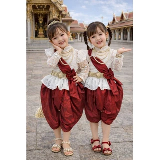 KT พร้อมส่ง 👗 ชุดไทยเด็กผ้าลูกไม้+ผ้าพาด กลัดโบว์ +โจงกระเบนสีไวน์สุดหรู 🎀 แถมกิ๊บโบว์ติดผม