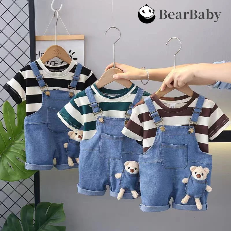 BEAR BABY ชุดเอี๊ยมยีนส์เด็กแฟชั่น ชุดเซตเอี๊ยมยีนส์เด็ก ลายแถบทาง แขนสั้น ตุ๊กตาหมี สำหรับเด็กเล็ก ไซส์80-110