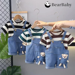 BEAR BABY ชุดเอี๊ยมยีนส์เด็กแฟชั่น ชุดเซตเอี๊ยมยีนส์เด็ก ลายแถบทาง แขนสั้น ตุ๊กตาหมี สำหรับเด็กเล็ก ไซส์80-110