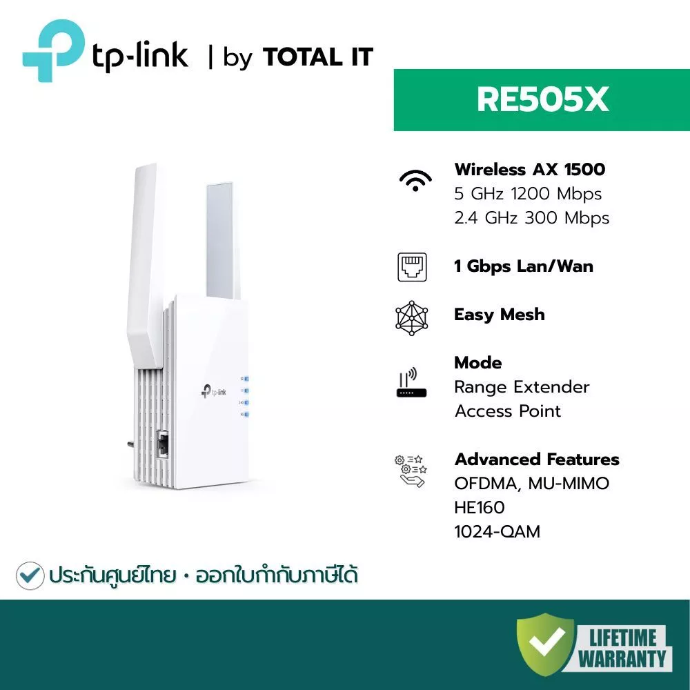TP-Link RE505X ตัวขยายสัญญาณ WiFi 6 AX1500 | พอร์ต Gigabit | รองรับ EasyMesh | โหมด AP | ลดจุดอับ
