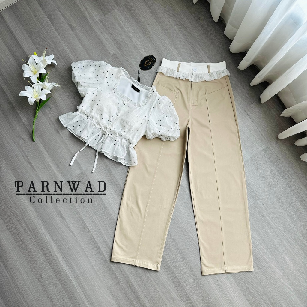 Parnwad Setเสื้อลายจุดคอเหลี่ยม+กางเกงสีน้ำตาลอ่อน - รูปที่ 5