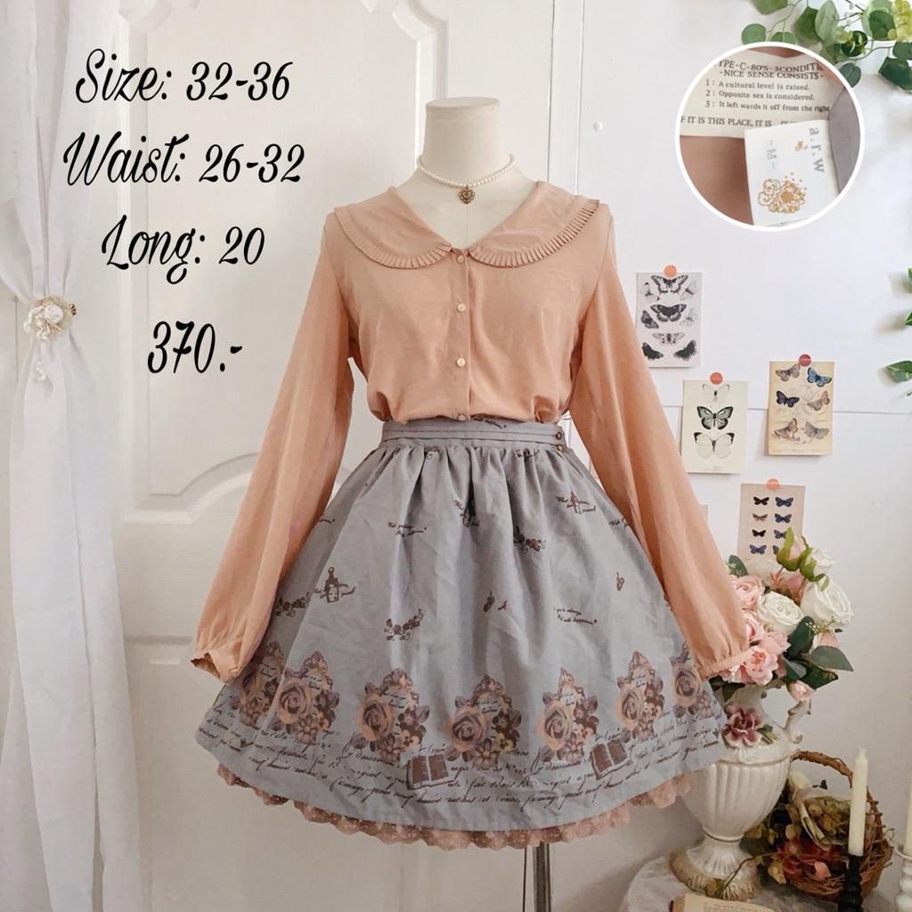 Set 2 ชิ้น เสื้อโพลีคอปกบัว +กระโปรง #arw ลายดอกกุหลาบ ชายระบาย