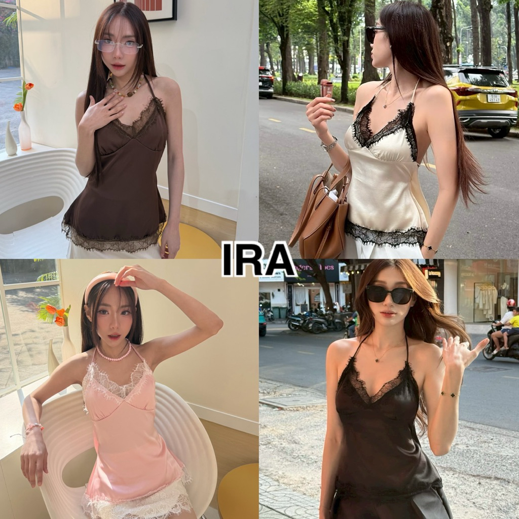 BY IRA(2025-101/2508)Christina Top. เสื้อสายเดี่ยวคอปกลูกไม้คอปกผูกเชือกด้านหลัง แต่งขอบระบายลูกไม้