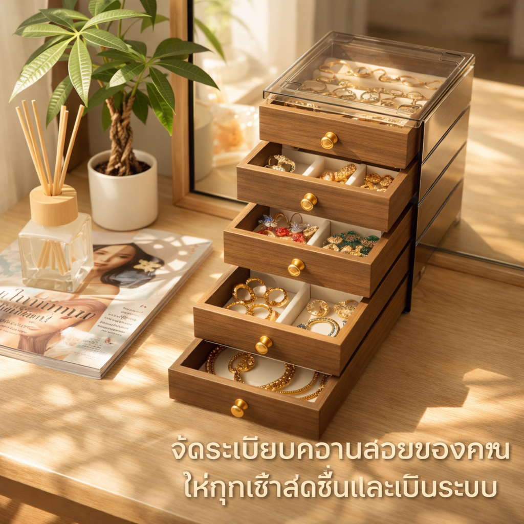 กล่องเครื่องประดับไม้แบบลิ้นชัก 3/5 ชั้น สำหรับแหวน สร้อย ต่างหู ใช้เองหรือเป็นของขวัญ