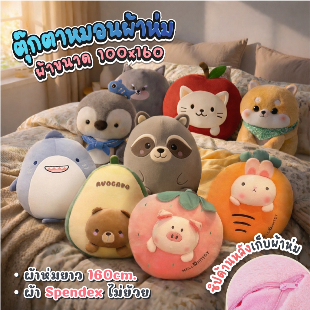 ขายส่ง 130฿ ตุ๊กตาหมอนผ้าห่ม ผ้าห่ม 160*100 ผ้าห่มนาโนในตัว ของขวัญ ตุ๊กตา ลาย หมา หมี เป็ด น่ารัก น่ากอด HT พร้อมส่ง