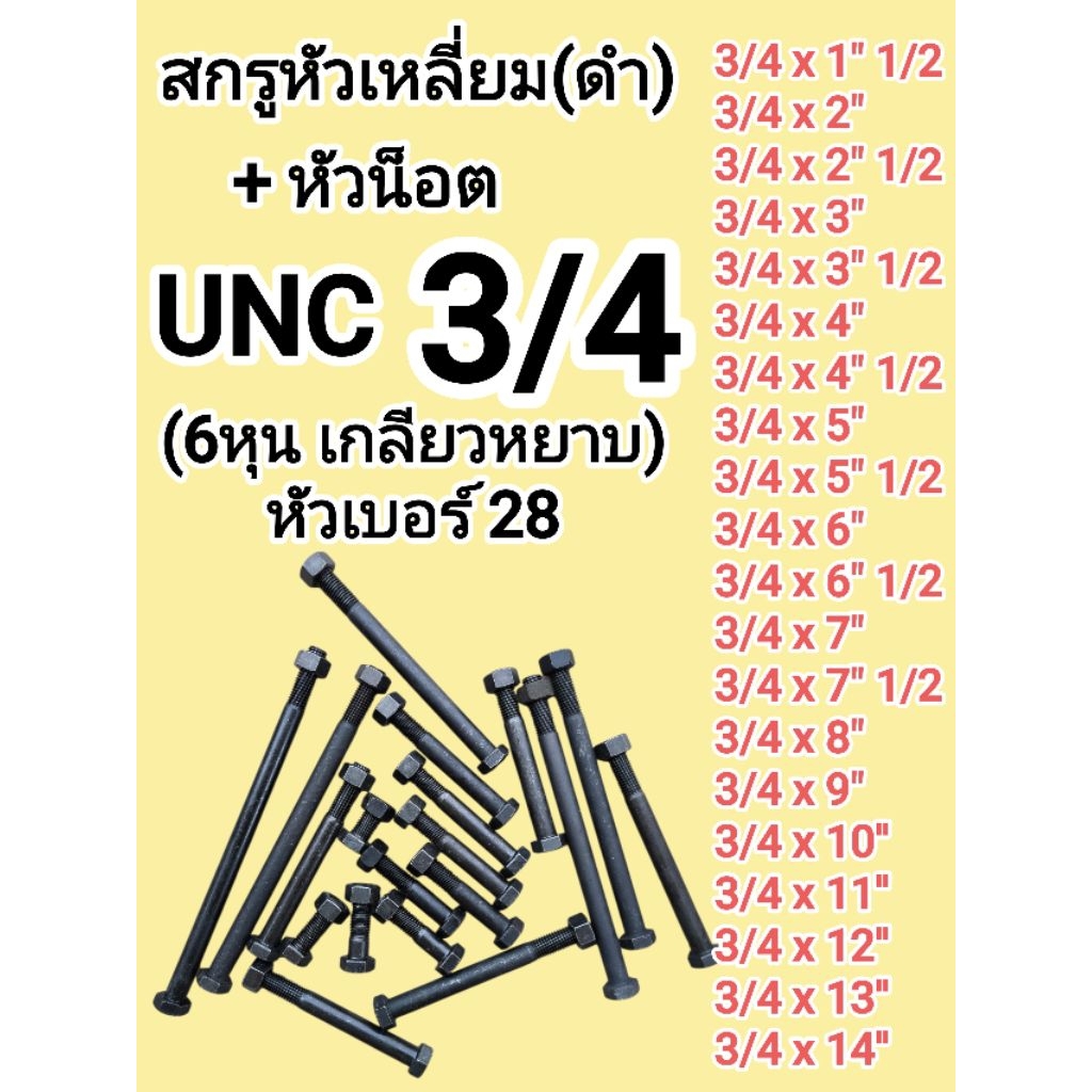 สกรูหัวเหลี่ยม (ดำ) UNC เกลียวหยาบ ขนาด 3/4 (6หุน) พร้อม หัวน็อต มีความยาวตั้งแต่ 1.5 นิ้ว จนถึง 14นิ้ว