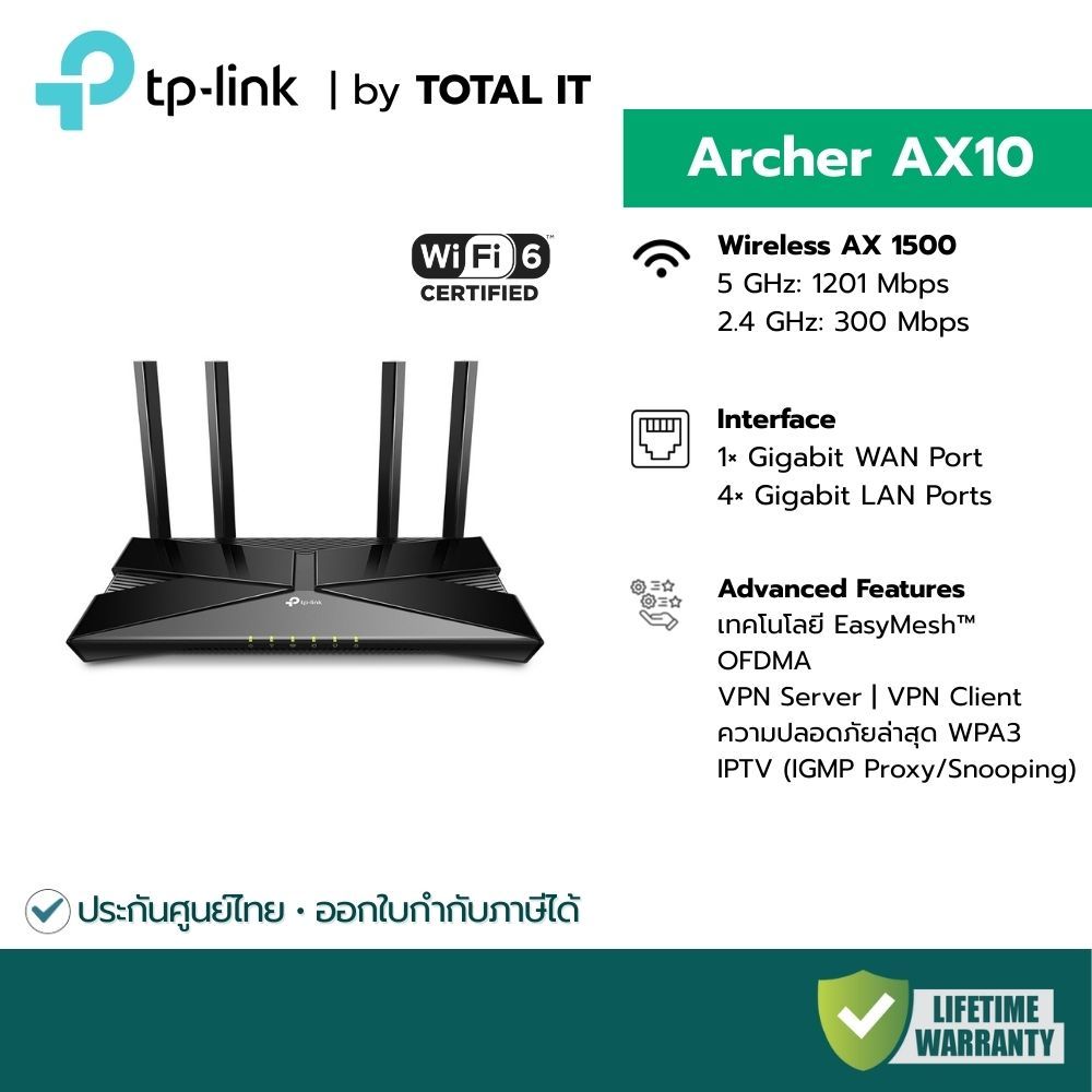 TP-Link Archer AX10 Router WiFi 6 AX1500 | พอร์ต Gigabit | รองรับ VPN Client (WireGuard) | EasyMesh