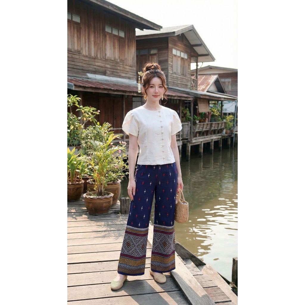 ชุดผ้าไทยประยุกต์ รุ่นศรีสายน้ำ เสื้อผ้าฝ้ายแขนสั้น + กางเกงผ้าพื้นเมือง ฟรีไซส์ ใส่ได้ถึง XXL