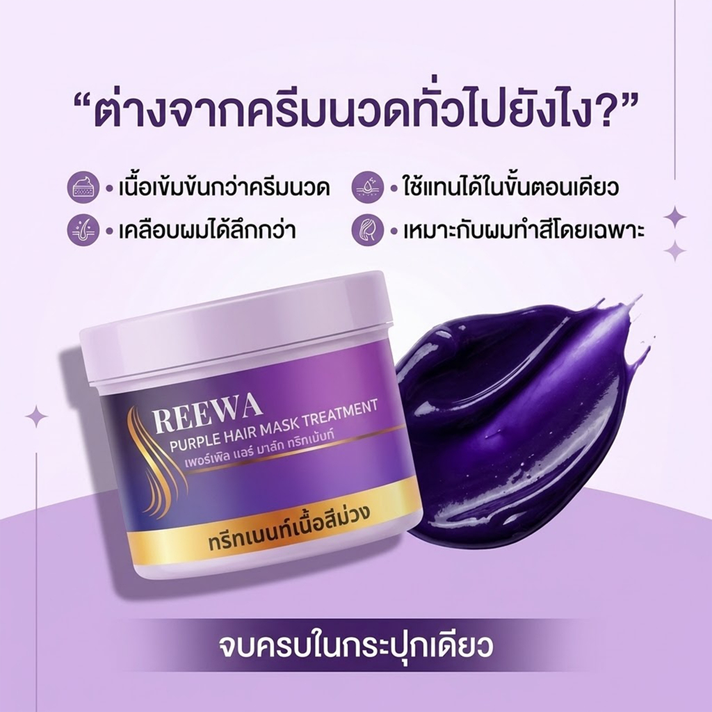 ❝500 กรัม ทรีทเม้นท์ม่วงเคราติน❞ - รีว่า REEWA ลดไรเหลือง เหมาะสำหรับผมทำสี โทนหม่นเทา
