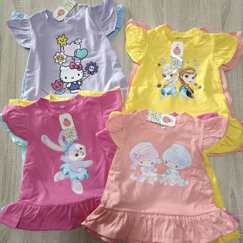 เสื้อยืดเด็กคอกลม แขนระบาย ตกแต่งระบายที่ชายเสื้อ size S