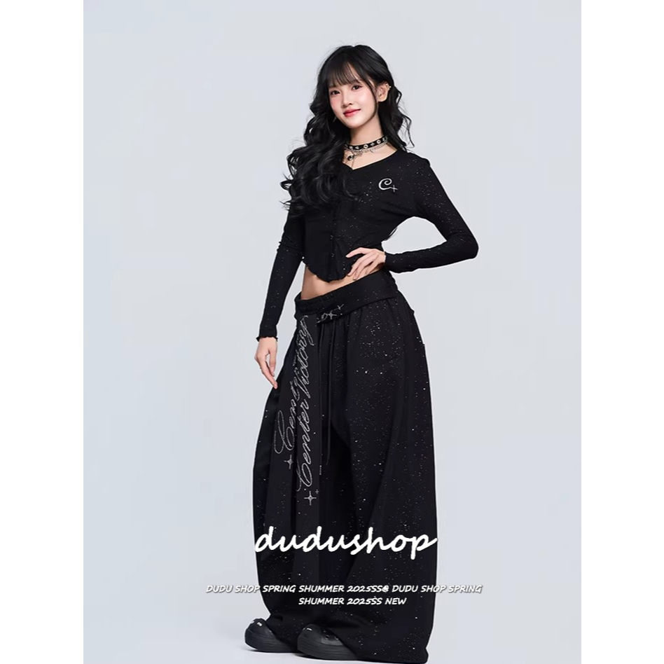 [Imitation diamond casual two-piece set]สไตล์อเมริกันวินเทจผู้หญิงเสื้อยืดแขนยาวและกางเกงขากว้างสบาย ๆ