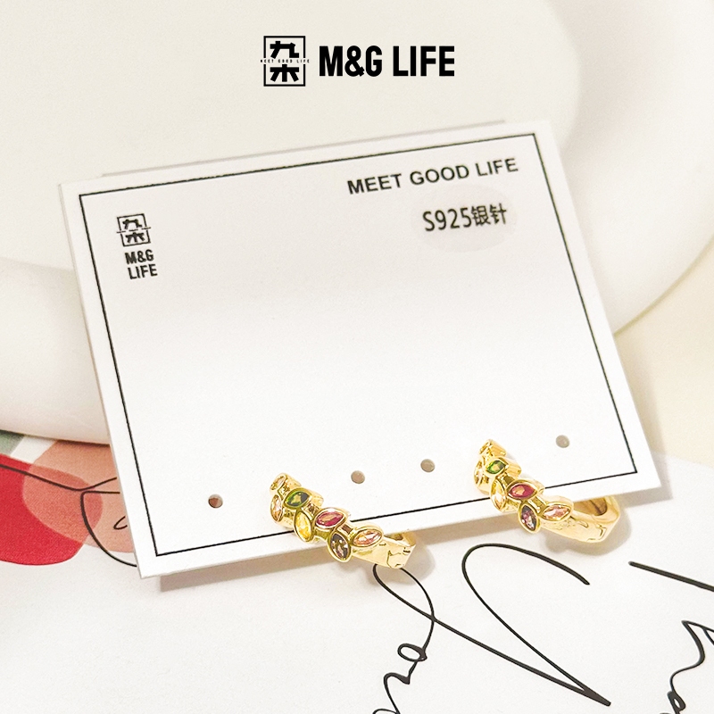M&G LIFE 1pair Stud Earrings ต่างหูเพชรประดับสีสันสดใส ตัวเรือนทองคำ