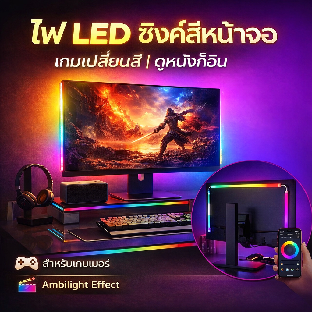 ไฟแต่งโต๊ะคอม LED RGB ซิงค์หน้าจอ | USB 5V | ปรับสีผ่านซอฟต์แวร์ | เพิ่มฟีลเกม & ดูหนัง