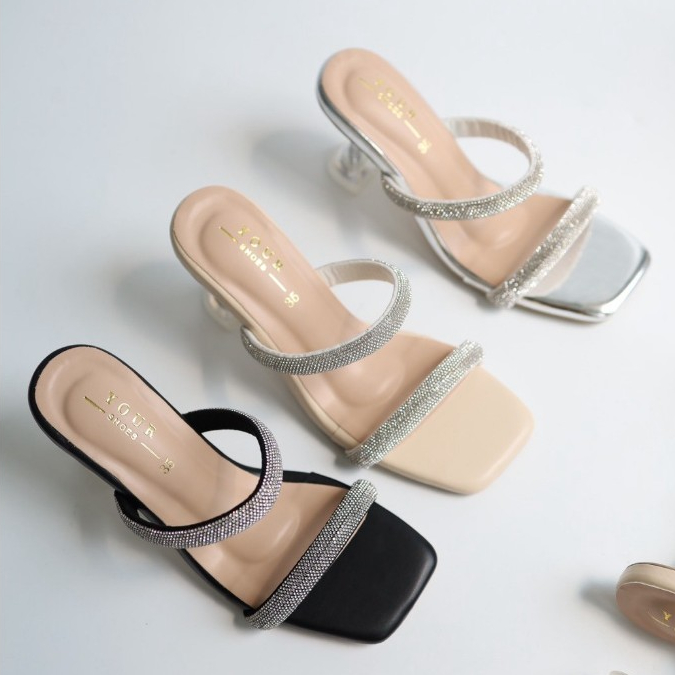 YOURSHOES N42 / รองเท้าส้นสูง 3.5นิ้ว รองเท้าแต่งสายเพชร รองเท้าผู้หญิง