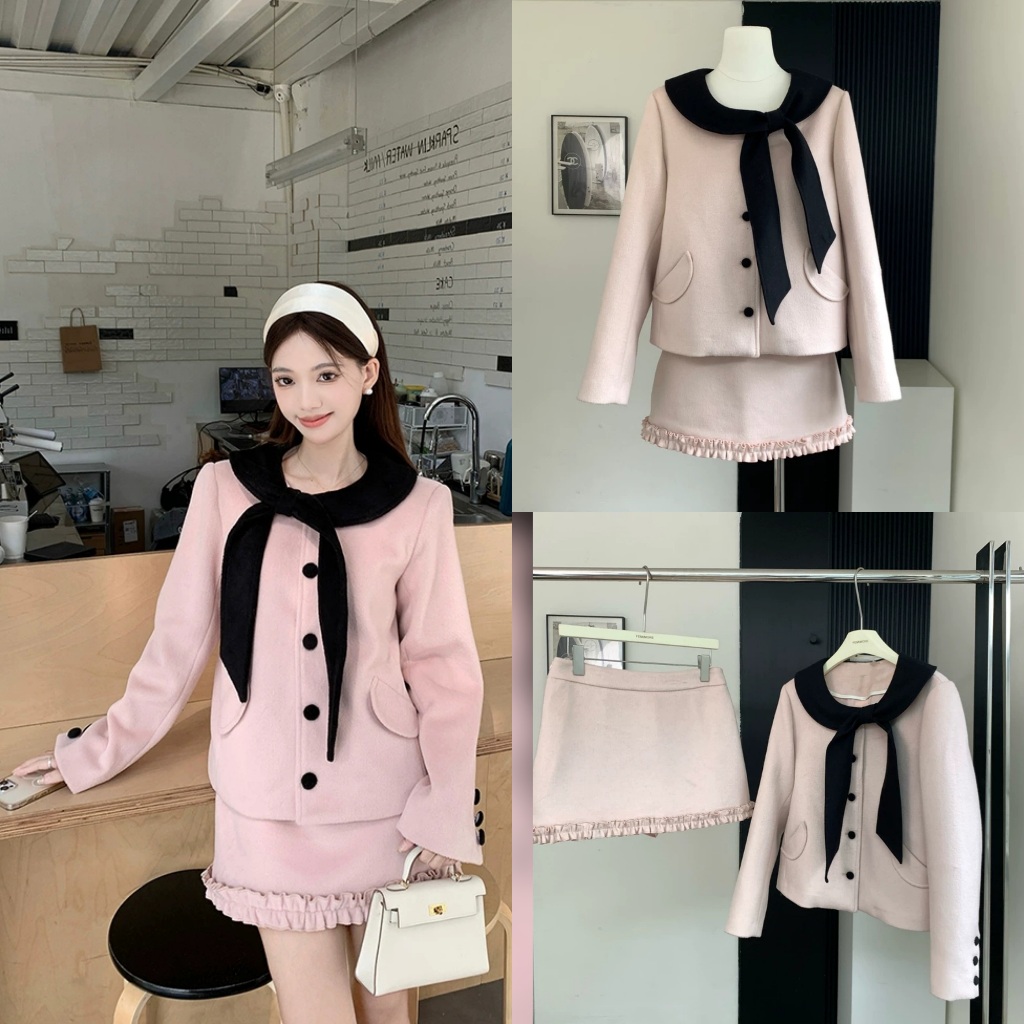 พร้อมส่ง ชุดเซ็ต2ชิ้น ชุดเที่ยวต่างประเทศสีชมพูอ่อน เสื้อแขนยาวกับกระโปรงสั้น (S283)