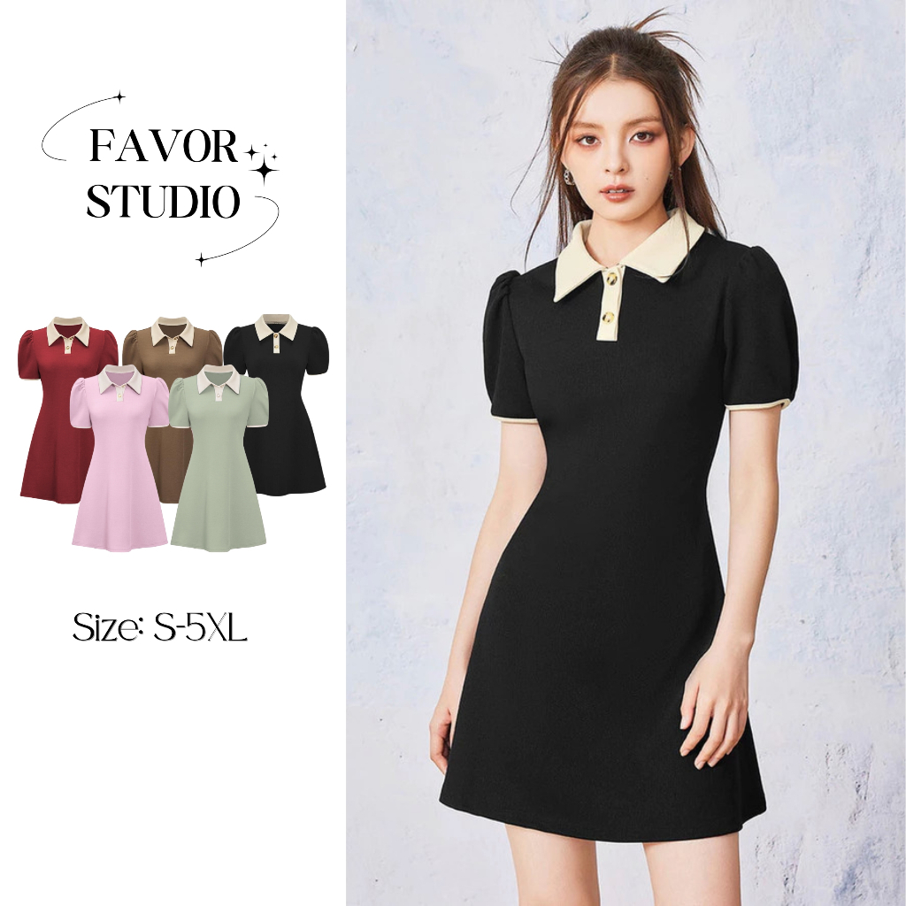 【EVIOVIO】S-5XL เดรสสั้นสไตล์มินิมอล คอปกตัดสี แขนตุ๊กตา ดูดีมีระดับ🤍เดรสสาวอวบ พลัสไซซ์ เดรสออกงาน