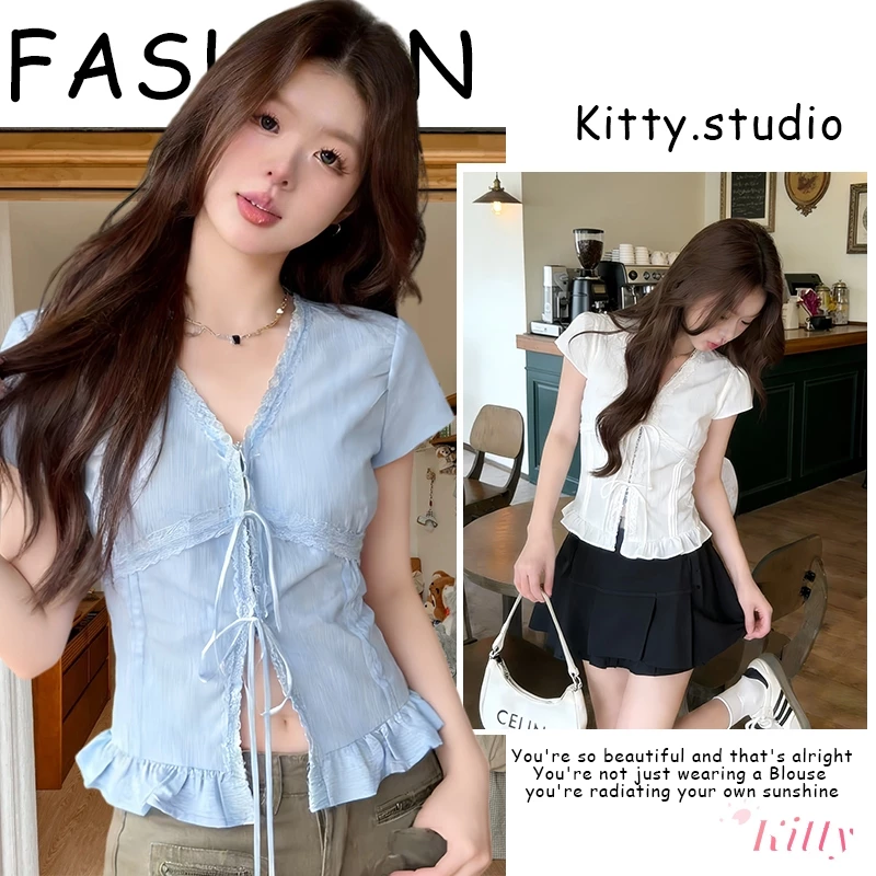 Kitty พร้อมส่ง🌸เสื้อเชิ้ต แขนสั้น สีพื้น เชือกผูกหน้า สไตล์ลำลอง เสื้อครอป รัดรูป ผู้หญิง แฟชั่น น่ารัก อินเทรนด์