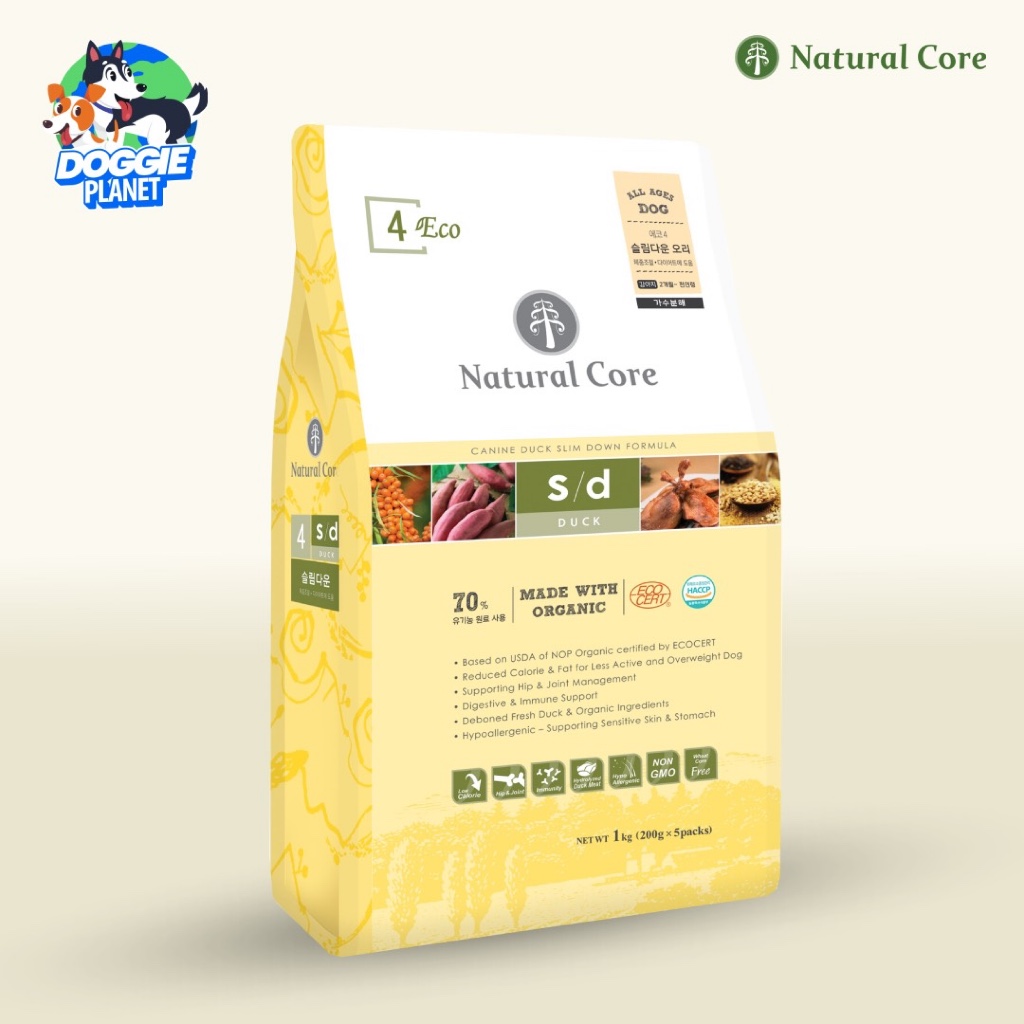 Natural Core Organic ECO 4 Slim Down Duck อาหารเม็ดสุนัข ออร์แกนิค ไขมันต่ำ สูตรเป็ด ช่วยคุมน้ำหนัก 1 กก.