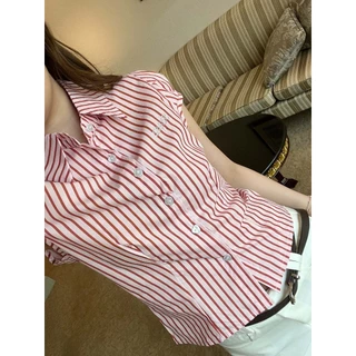 B&R พร้อมส่ง เสื้อผู้หญิง เสื้อเชิ้ตลายทางแขนสั้น สายรัดหลัง น่ารักและพอดีตัว มีให้เลือกหลากหลายสี ขนาด S-XL