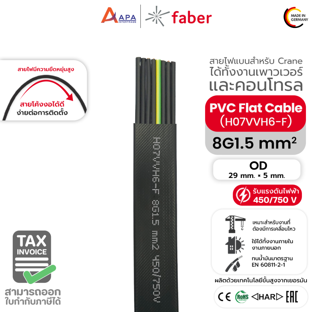 PVC Flat Cable (H07VVH6-F) 8G2.5 SQ.MM FARBER KABEL (1 ชิ้น = 1 เมตร)