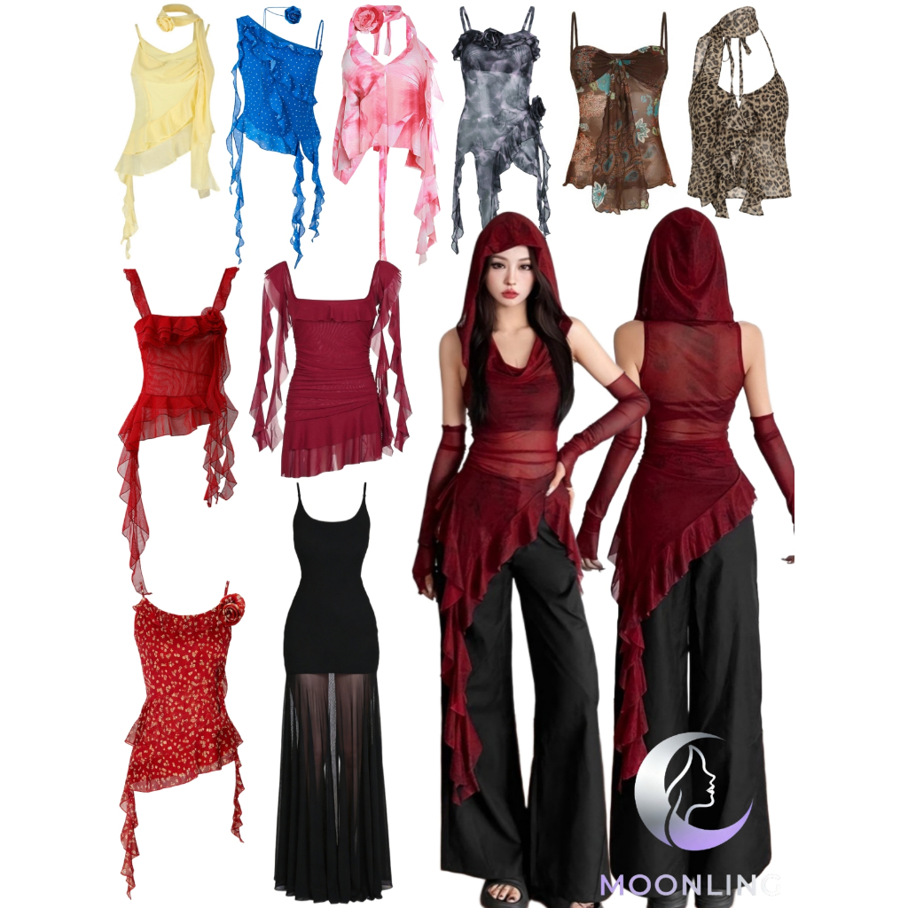 MOON พร้อมส่งจากไทย เดรส ฮูดดี้ผ้าซี่ทรู สีแดง น่ารักมากๆ แถมปลอกแขน ใส่สบาย FY2801#1