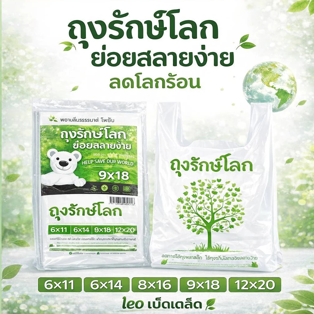 ถุงรักษ์โลก ย่อยสลายได้ ลดโลกร้อน มี 5 ขนาด ตะเข็บแน่น เหนียว ถุงพลาสติก ถุงย่อยสลาย สำหรับใส่ของ ถุงใส่ของ( 5ถึง10 แพค)