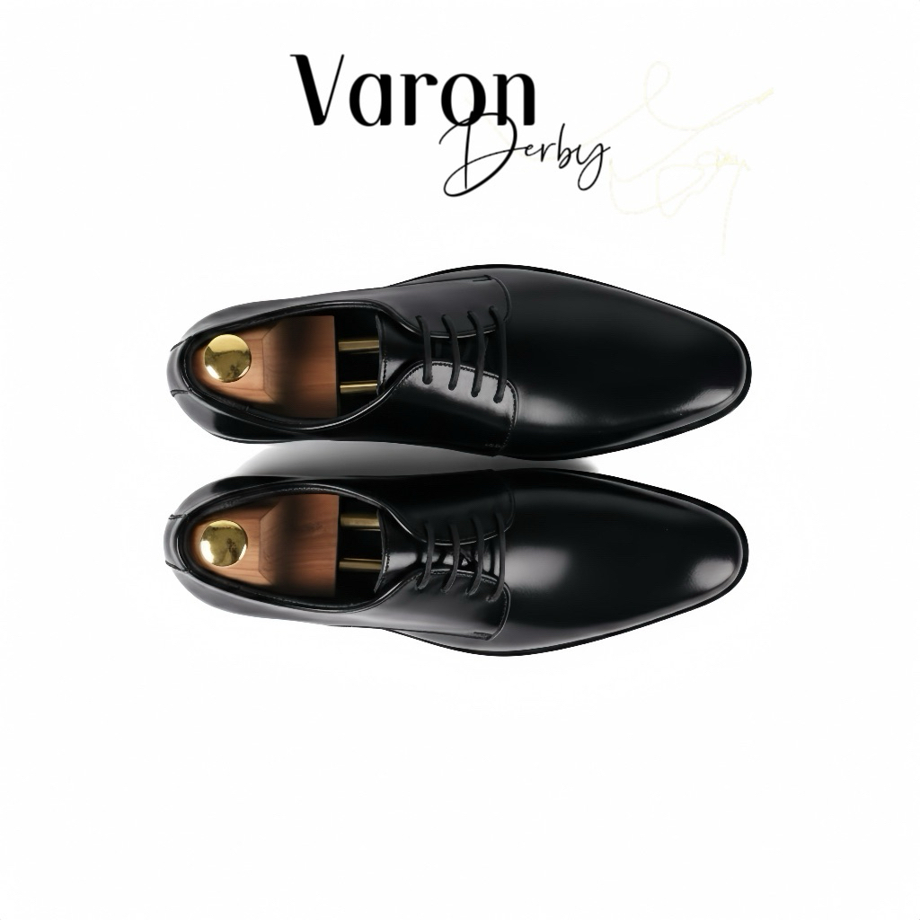 Medium Gloss black ”Varron“ derby shoes (หนังวัวแท้)