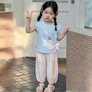 ชุดเสื้อผ้าเด็ก: เสื้อยืดแขนระบายทรงนางเงือก + กางเกงขายาวสีสันสดใส สไตล์เกาหลีน่ารักหวานแหวว ทำจากผ้าฝ้ายแท้