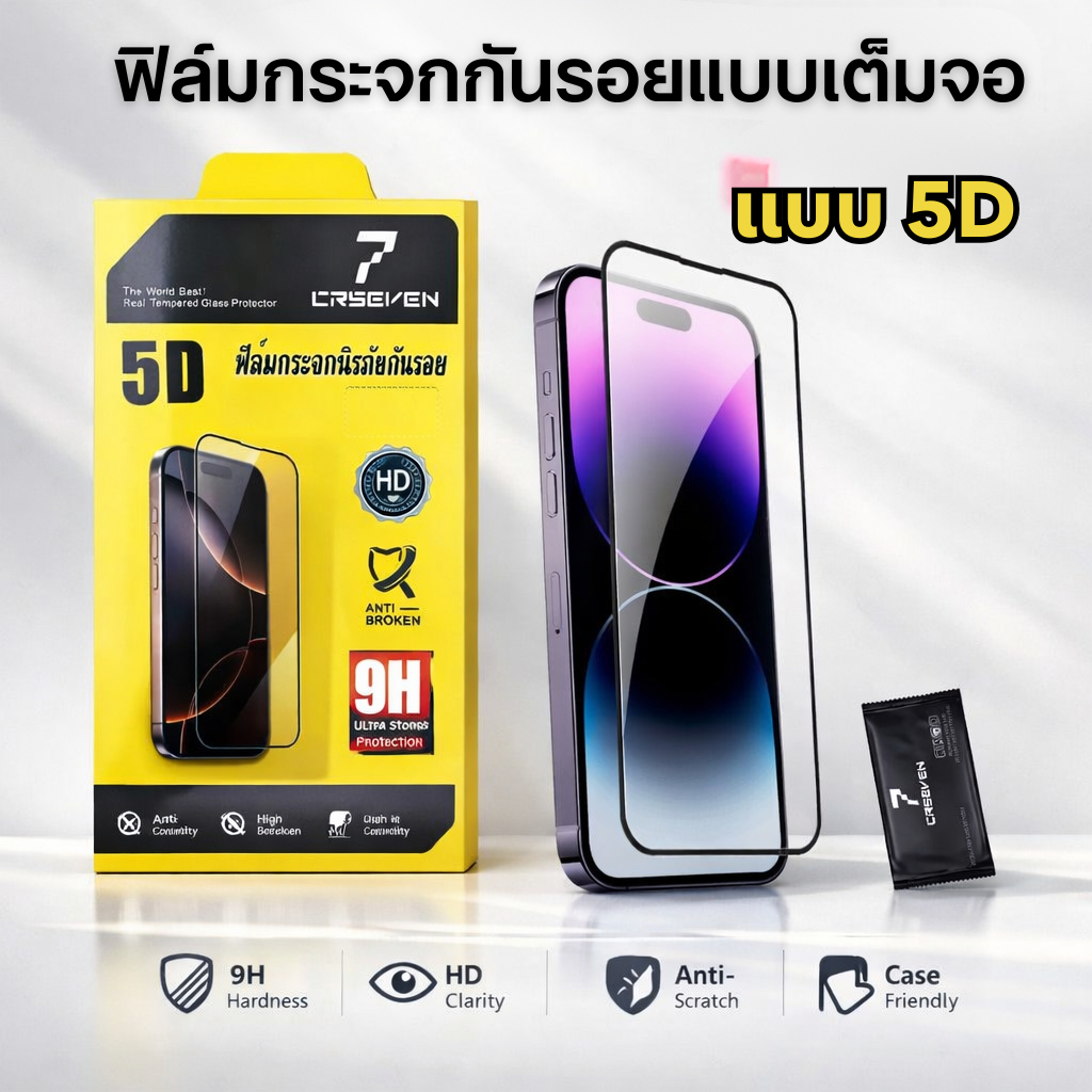 JC168 (005) CRSEVENฟิล์มกระจกกันรอยเต็มจอ แบบ 5Dงานเกรด A สำหรับ iPhone 16 16Plus 16E 15Plus 14Promax 13mini 12Pro