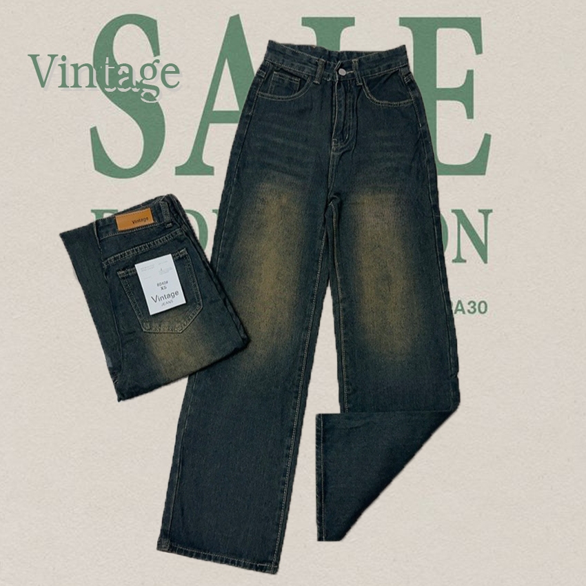Vintage รุ่น #8040 กางเกงยีนส์ สนิม แต่งเฟดเข้ม ทรงกระบอก แต่งเฟดขา ทรงสวยผ้าไม่ยืด
